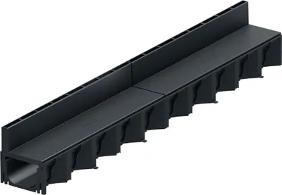 A black drainage channel with a slotted top, shown from a diagonal angle against a white background.