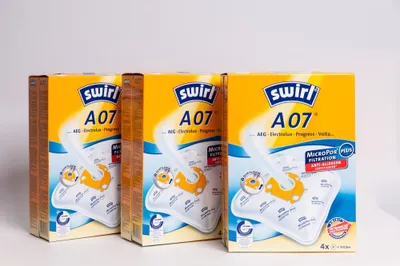 Three boxes of Swirl A07 vacuum cleaner bags are lined up against a white background.
