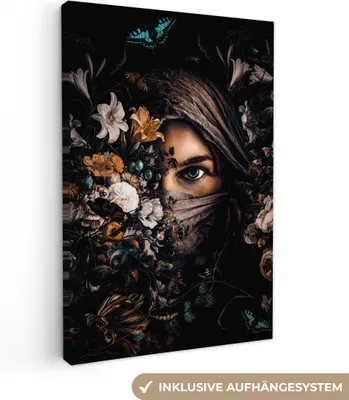 Produktbild von MuchoWow® - Leinwandbilder - Frau - Luxus - Blumen - Schmetterling - Porträt, Wandbild, Wanddeko Bilder Wohnzimmer, 40x60 cm