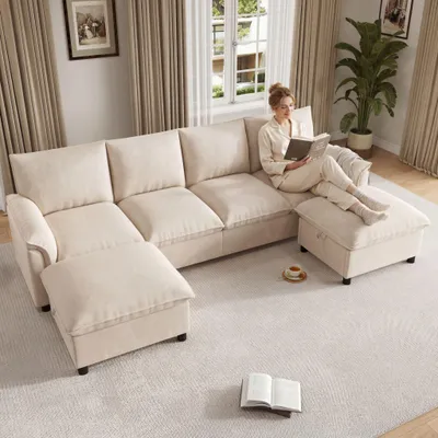 Produktbild von Merax U-Form Sofa, 4-Sitzer Ecksofa mit 2 Fußhockern, Modulares Cloud-Sofa mit Bettkasten, Chenille Couch Mit Stauraum, Soffa, Wohnzimmersofa, Beige