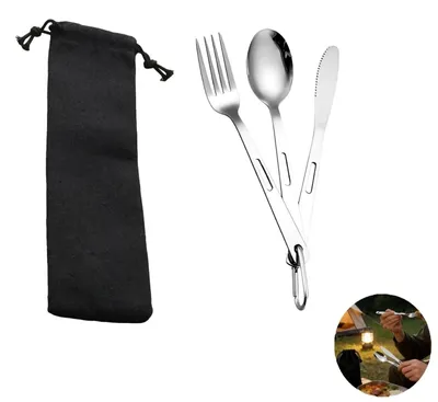 Productafbeelding van Campingbestekset 3-delig van roestvrij staal met karabiner en opbergtas