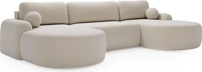 Produktbild von BETTSO Elegantes cremefarbenes Ecksofa U CLOUDY aus Lammfell mit abgerundeten Seiten und dekorativen kugelförmigen Kissen
