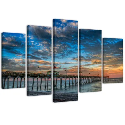 Produktbild von 5-teiliges leinwandbild sonnenuntergang auf der seebrücke 200x100 cm Feeby blau wandbild bereit zum aufhängen