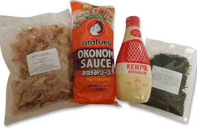 Produktbild von Okonomiyaki Zutaten Set: Okonomi Sauce, Kewpie Mayonnaise, Katsuobushi - Bonitoflocken, Aonori, japanische Lebensmittel