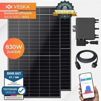 Produktbild von Balkonkraftwerk 830 W / 800 W Photovoltaik Solaranlage Steckerfertig WIFI Smarte Mini-PV Anlage 800 Watt genehmigungsfrei, Schwarz