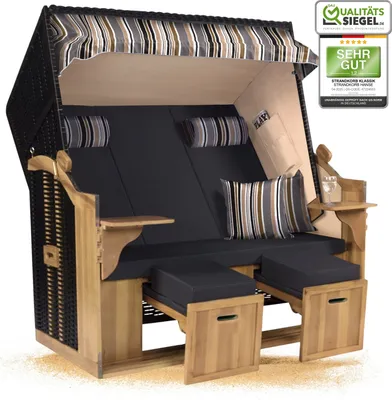 Produktbild von Strandkorb Ostsee 2,5-Sitzer 150cm breit in Schwarz Oliv Grau Weiß Gestreift Montiert ideal für Balkon, Terrasse oder Garten