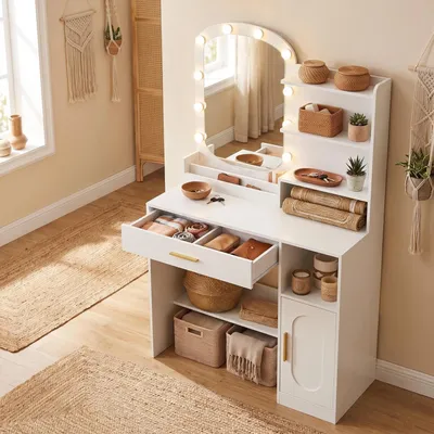 Produktbild von Fobyfurny Schminktisch mit Ovalen Spiegel, 40 × 90 × 147,7 cm, Weiß | Frisiertisch, Schminktisch mit Schubladen, Ablageschrank und Offenen Fächern