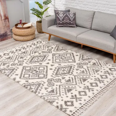 Produktbild von Hochflor Teppich Shaggy Creme 140x200 cm - Boho-Muster, Kettfäden - Flauschiger Wohnzimmerteppich