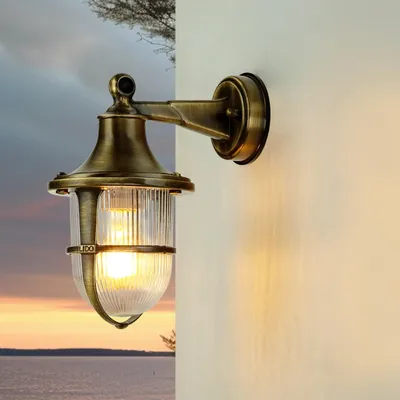 Produktbild von Wandleuchte außen Messing Riffelglas IP64 E27 Maritim Außenlampe Garten Hof