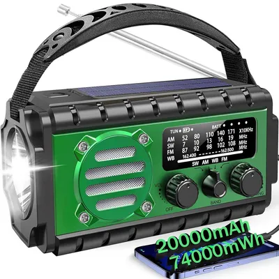 Produktbild von Solarradio Kurbelradio 20000mAh Notfallradio Outdoor, AM/FM Emergency Radio mit Powerbank, LED Taschenlampe, SOS Alarm, IPX6 wasserdicht, Camping
