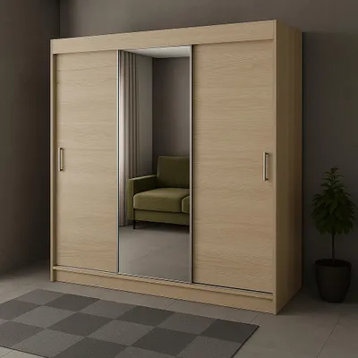 Zdjęcie produktu dla Szafa 3-drzwiowa przesuwna RIO-4 180x215cm kolor dąb sonoma – lustro na froncie, w zestawie półki, drążki, solidne wykonanie, łatwy montaż