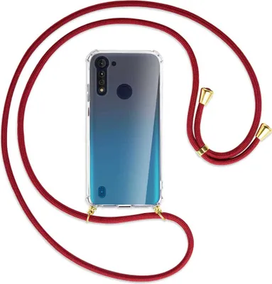 Produktbild von Handykette Backcover-Schutzhülle mit Band (Metall goldfarben) für Motorola Moto G8 Power Lite - dunkelrot