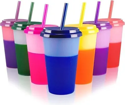 Obrázek produktu pro Hrnky, kelímky, víčka se slámkou, 350 ml, měnící barvu, opakovaně použitelné plastové cestovní kelímky pro děti, na ledovou kávu, studené smoothie, džusy, 7 kusů.