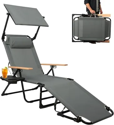 Imagen del producto de Tumbona plegable con reposacabezas, tumbona para jardín resistente a la intemperie, tumbona plegable para playa y camping con reposabrazos de madera, ideal para balcón, jardín, piscina y playa, con capacidad de hasta 150 kg (gris, con toldo)
