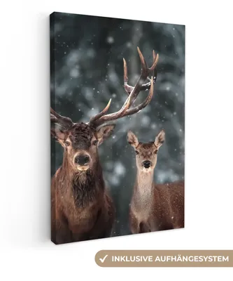 Produktbild von MuchoWow® - Leinwandbilder - Hirsche - Tiere - Winter - Geweih - Schnee - Natur, Wandbild, Wanddeko Bilder Wohnzimmer, 20x30 cm