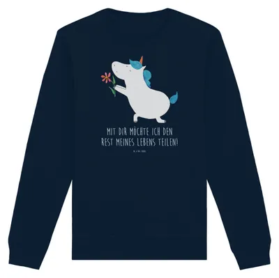 Produktbild von Mr. & Mrs. Panda Baumwoll Pullover Einhorn Blume Größe M - French Navy - Geschenk, Sweater, Bio Sweatshirt, Ehe, Einhörner, Unicorn, Freundin, Heiratsantrag, Liebe, Pulli
