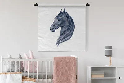 Produktbild von MuchoWow® Wandteppich Wandbehang Pferd - Aquarell - Schwarz - Mädchen - Kinder - Mädchen 90x90 cm Tapisserie Dekoration Wandtuch - Wandaufhänger