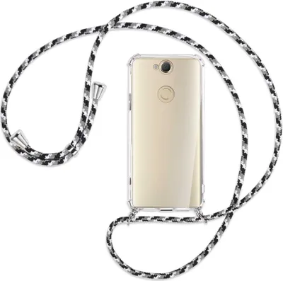 Produktbild von Handykette Backcover-Schutzhülle mit Band (Metall silberfarben) für Sony Xperia XA2 Plus - schwarz/grau/weiß