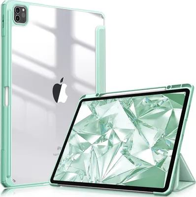 Produktbild von Fintie Hybrid Hülle für iPad Pro 12.9 2022 (6. Generation)/ iPad Pro 12.9 2021/2020/2018 mit Stifthalter - Stoßfeste Schutzhülle mit transparenter Hartschale auf der Rückseite, Grün