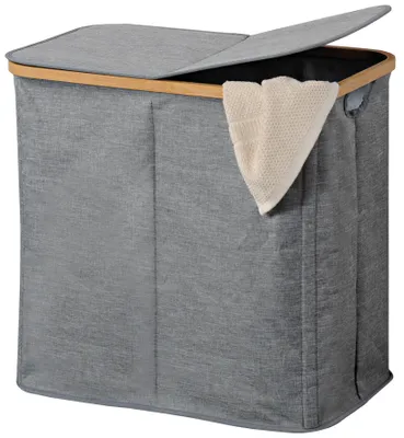 Produktbild von KESPER Wäschesammler grau – 54,5x33x50cm – -Bambusrahmen & Polyester – 2 Fächer mit Klappe – platzsparend, leicht & dekorativ – Wäschekorb 19598