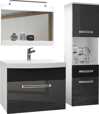 Produktbild von BELINI Badmöbel Vollausstattung Set Waschbeckenschrank, Hochschrank, Waschbecken, Spiegel, Lampe (Silber/ Schwarz, Glänzend und Matt)