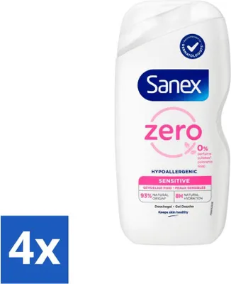 Zdjęcie produktu dla Żel pod prysznic Sanex Zero% – Do skóry wrażliwej – Bez substancji zapachowych i siarczanów – Hipoalergiczny – 400 ml – Opakowanie ekonomiczne – 4 sztuki