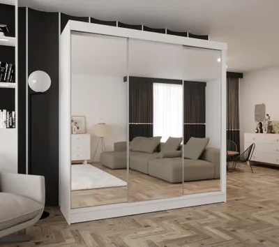 Produktbild von Schwebetürenschrank 3-türig 240x205x58 cm Weiß mit 3 Spiegeln und 4 Schubladen – Moderner Kleiderschrank
