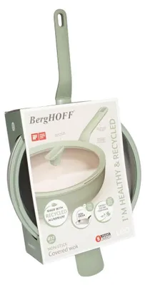 Produktbild von BergHOFF Leo Wokpfanne, 32 cm, grün, Aluminium, induktionsgeeignet, keramikbeschichtet, mit Glasdeckel, antihaft, Cool-Touch-Griff, rund
