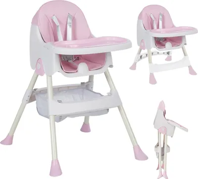 Produktbild von K IKIDO Hochstuhl Baby, 3in1 Kinderhochstuhl, Klappbarer Esszimmerstuhl, Korb, 5-Punkt-Sicherheitsgurt, Babystuhl für baby ab 6 Monaten, rosa