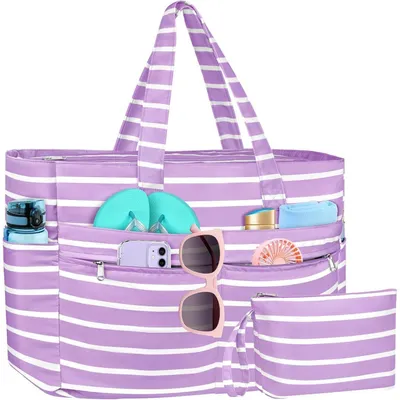 Immagine prodotto di Borsa da spiaggia XXL, impermeabile, color lilla a righe, con cerniera e 13 tasche