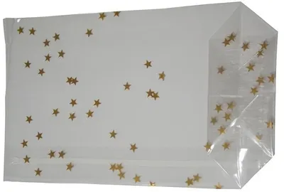 Produktbild von 400 OPP-Blockbodenbeutel mit Siegelnaht Weihnachtsbeutel mit Sternen Gold 115x190mm