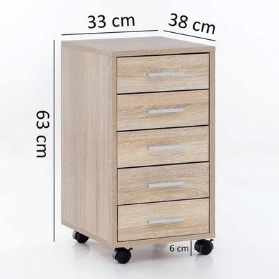 Zdjęcie produktu dla Rootz Rollcontainer – Sonoma – drewniana komoda z szufladami do biurka – szafka biurowa z 5 szufladami – mała komoda na kółkach – 33 x 63 x 38 cm