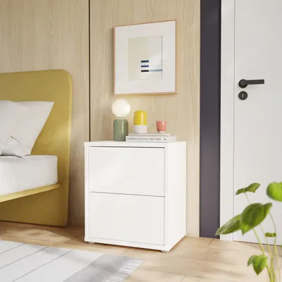 Produktbild von Forte ALICE SPRINGS Kommode 50, moderner Nachttisch, Beistelltisch, 2 Schubladen, Schlafzimmer, Wohnzimmer, Holzwerkstoff, Weiß, 49,8 cm breit x 57,5 cm hoch x 34,9 cm tief