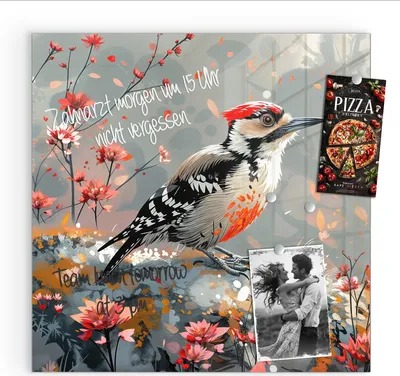 Produktbild von Magnettafel 30x30cm Pinnwand Whiteboard beschreibbar - Specht zwischen Blumen