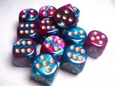 Zdjęcie produktu dla Chessex Gemini 16mm d6 with pips Dice Blocks (12 Dice) - Purple-Teal w/gold