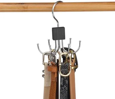Productafbeelding van Ibenzoa® Accessoire-organizer van hout en metaal – ruimtebesparende, 360° draaibare houder met 6 U-haken (13 x 9,5 x 2,7 cm) voor riemen, sjaals en tassen