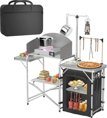 Imagen del producto de Cocina de camping plegable de aluminio, mesa de cocina portátil para exteriores con 3 superficies de trabajo, protección contra el viento y soporte para lámparas, armario de camping para picnics, color plateado