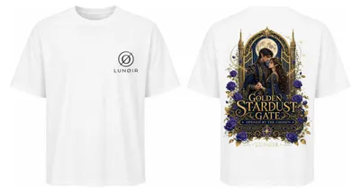 Immagine prodotto di LUNØIR T-shirt da donna premium, colore bianco, vestibilità ampia, collezione "Goldenes Sternenstaubtor", taglia M