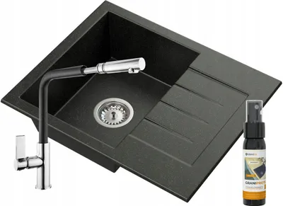 Produktbild von Granitan | Granitspüle Milano - 574x464 mm - Schwarz - Einbau mit Abtropffläche - Hochwertig und langlebig