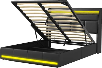 Image de Fortuna Lai Lit rembourré 140x200cm, lit double pour adolescents avec sommier à lattes et espace de rangement, lit de rangement avec LED, similicuir, noir