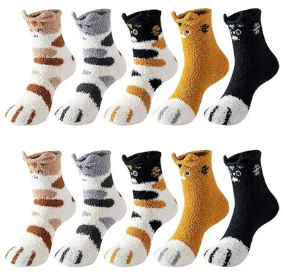 Produktbild von 10 Paar Kuschelsocken Damen – Katzenpfoten Socken – Warme Wintersocken – Flauschige Haussocken – Schlafsocken – Plüschsocken – Einheitsgröße