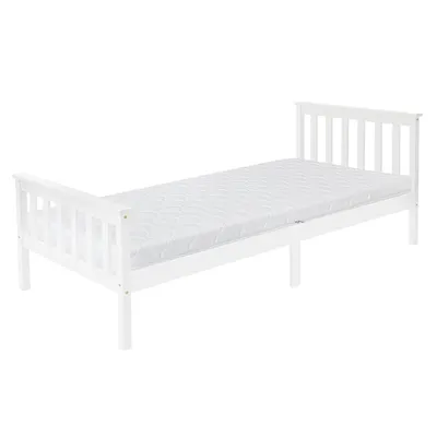 A white wooden single bed with a mattress, shown from a side angle against a white background.