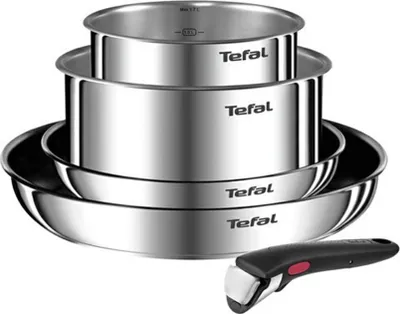 A stack of Tefal pots and pans with a detachable handle.