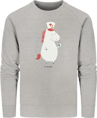 Produktbild von Mr. & Mrs. Panda Baumwoll Pullover Einhorn Krankenschwester Größe M - Heather Grey - Geschenk, Krankenpfleger, Sweatshirt, Krankenpflegerin, Ärztin, Unicorn, Krankenhaus