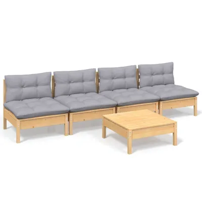 Produktbild von vidaXL 5-tlg. Garten-Lounge-Set mit Grauen Kissen Kiefernholz