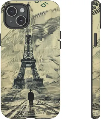 Produktbild von Surreale Eiffelturm- und Währungscollage – Hülle Kompatibel mit iPhone 15 Plus