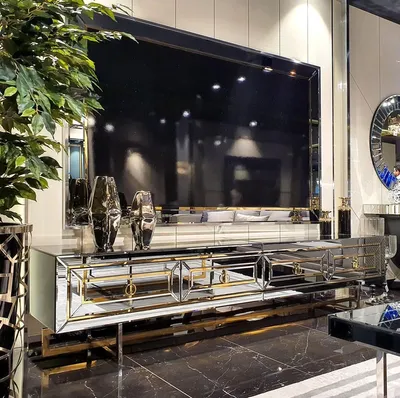 Produktbild von Casa Padrino Luxus Wohnzimmer Möbel Set Silber / Gold - Verspiegelter TV Schrank mit verspiegelter Rückwand - Verspiegelte Luxus Möbel