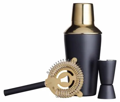 Produktbild von Cocktail-Set, Cocktail-Shaker – 3-teilig – Schwarz und Gold – 500 ml Shaker – Mit Rezeptbuch