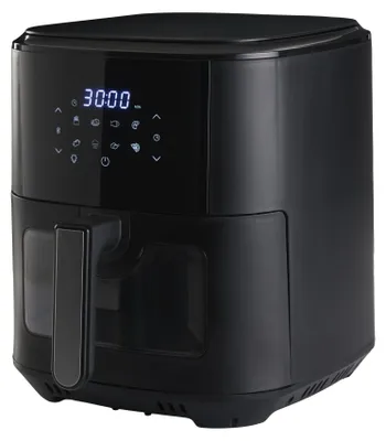 A black air fryer is shown against a white background.
