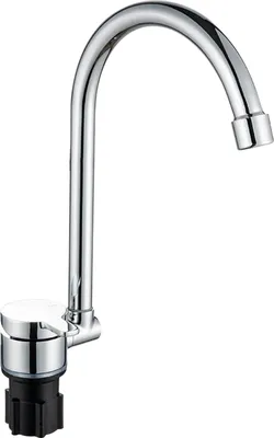 A chrome faucet with a black base against a white background.